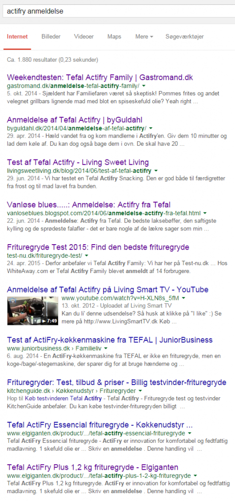 Google resultater på søgningen "actifry anmeldelse"